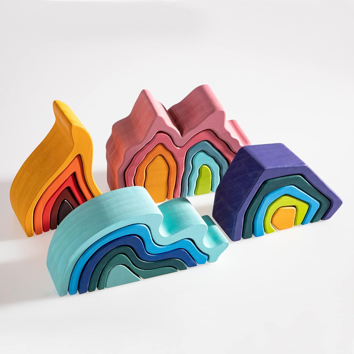 Wooden Rainbow Stacking Toy, Water Wave Elements Wooden Stacker, Various Shapes Nesting Stacking Blocks, Waldorf & Montessori Open-Ended Education Toy for Kids/Toddlers