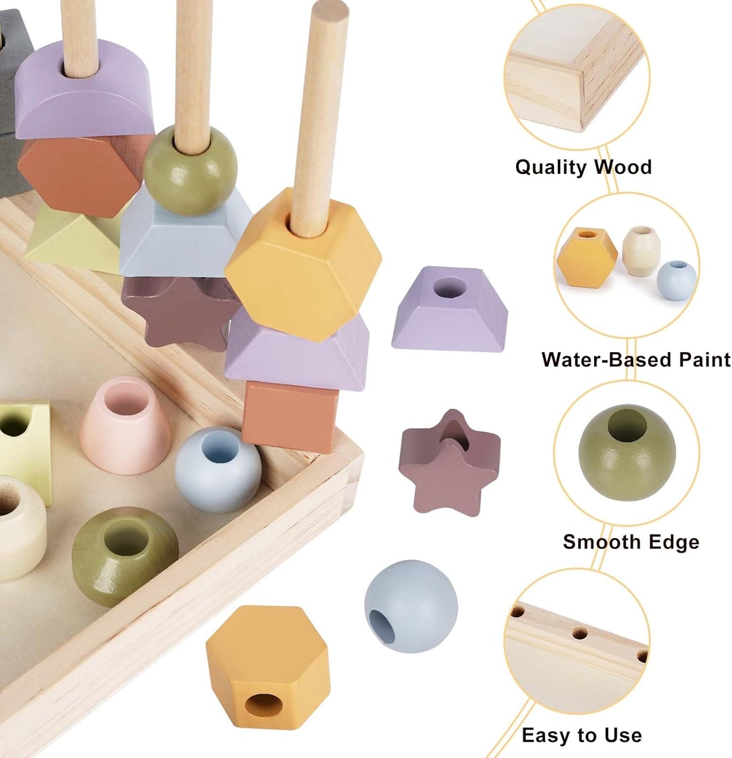 Montessori Toys for 3 Year Old - Wooden Lacing Beads & Stacking Blocks Toys for 3 4 5 Year Old Girl Boy Easter Birthday Gifts, Preschool Learning Activities With Beads Sequencing Set for Kids Age 3+
